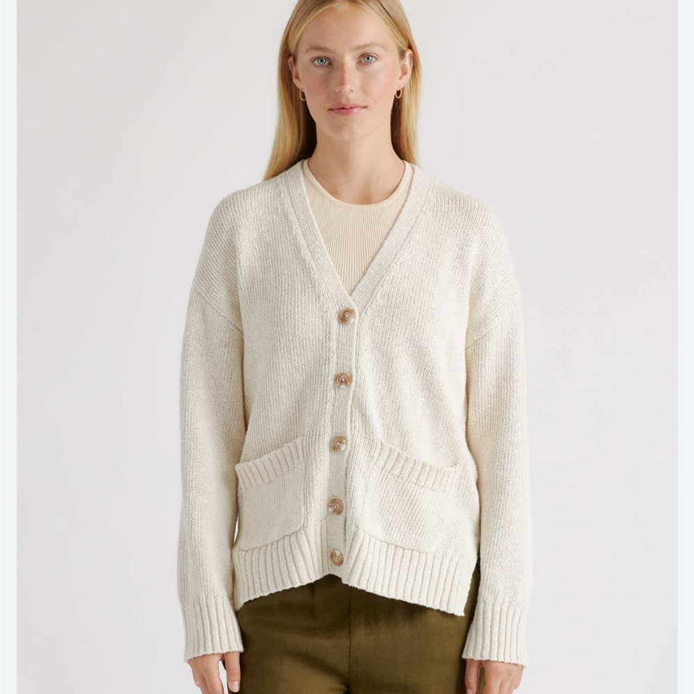 Quince Cream V-Neck Cotton-Linen Cardigan